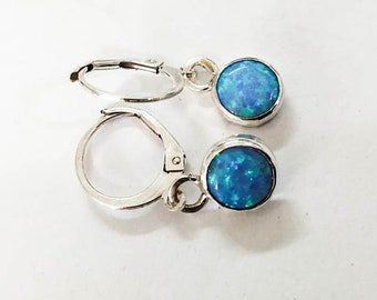 Blue opal dangle Earrings / Silver Sterling dangle earrings /Handmade sterling silver earrings, small sterling dangle earrings, gift for her