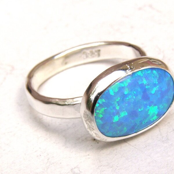 Oval Blue opal ring ,Silver sterling ring, Handmade Statement ring - opal Gemstone silver ring ,925 Sterling silver ring, October Birthstone