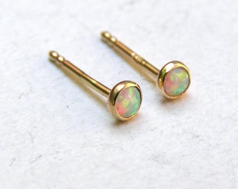 Tiny stud earrings White Opal solid gold stud earrings 2 mm