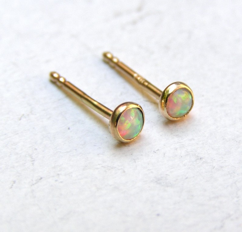 White Opal solid gold stud earrings 3mm solid gold earrings ,handmade earrings 3mm, Birthday gift, gift for her, women's gift image 2