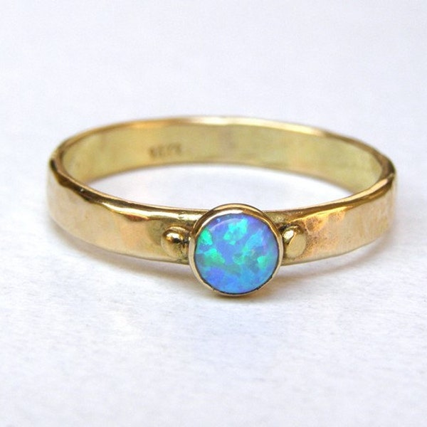 Solitaire Blue Opal Ring,  Solid 14K yellow with blue opal stone