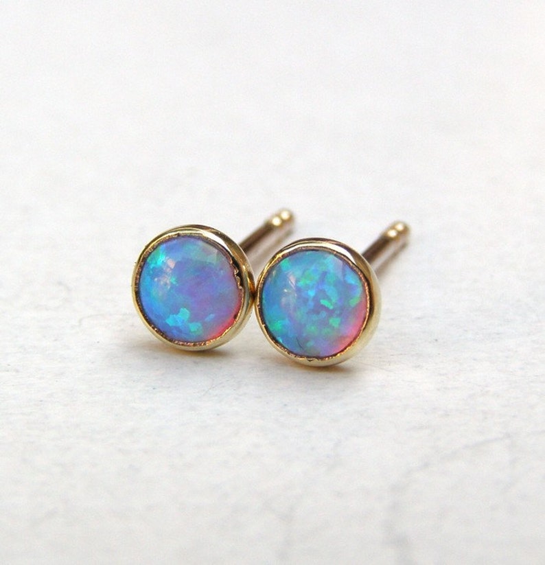 Blue Opal Studs , 14k Solid gold Handmade Earrings,Opal earrig, Natural opal stone stud earrings,gold opal earrings, opal earring stud image 3