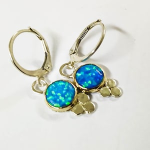 Blue Opal hanging earrings, 14k gold and silver earrings Handmade earrings, small sterling dangle earrings, gift for her