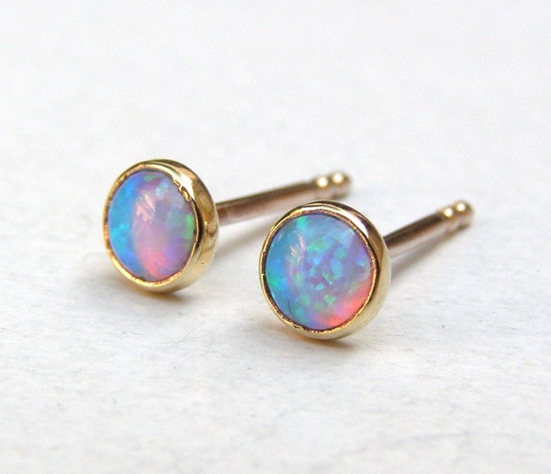 Blue Opal Studs , 14k Solid gold Handmade Earrings,Opal earrig, Natural opal stone stud earrings,gold opal earrings, opal earring stud image 1