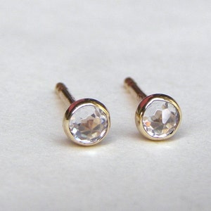 14K Solid gold Stud Earrings 3mm with white topaz stone. image 2