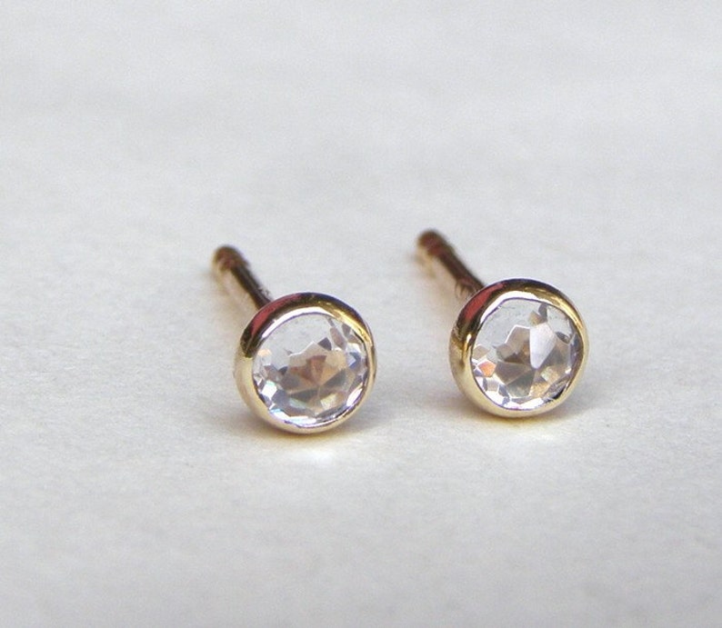 14K Solid gold Stud Earrings 3mm with white topaz stone. image 2