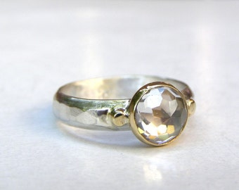 Solitaire Engagement Ring, White topaz Silver sterling ring and solid gold, handmade jewelry made to order