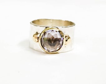 White Solitaire stone Promise ring, White topaz Ring, Gold and silver, Gemstone Ring, Sterling band, Anniversary Ring