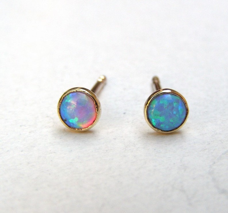 Blue Opal Studs , 14k Solid gold Handmade Earrings,Opal earrig, Natural opal stone stud earrings,gold opal earrings, opal earring stud image 2