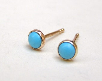 Turquoise Stud earrings, Solid gold 14k earrings 4mm