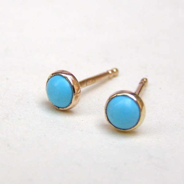 Turquoise Stud earrings, Solid gold 14k earrings 4mm
