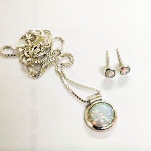 May include: A silver necklace with a round opal pendant and matching opal stud earrings. The necklace has a delicate chain and the pendant is set in a silver bezel.