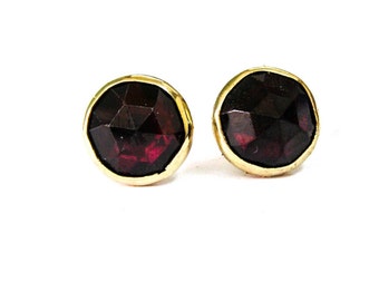 Garnet 14K Gold Stud Earrings 8mm, Gold earrings ,Red garnet Gold earrings