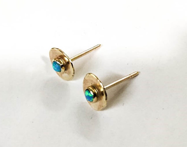 14k solid gold Opal studs 8 mm 3mm Opal stone earrings Blue opal Birthstone image 7