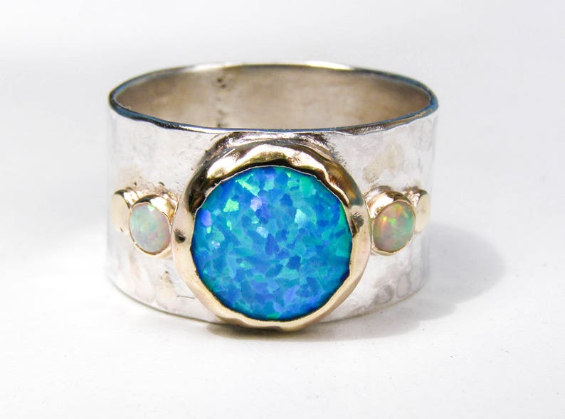 Silver Sterling Band Opal Statement Ring multi stone gemstone ring Ring with solid gold Blue Opal Ring personalized gifts image 5