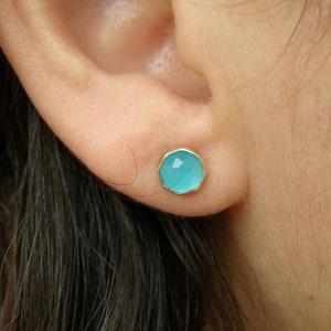 Turquoise 14k gold Stud earrings ,Turquoise stone 6mm, Minimalist earrings, women jewelry image 5