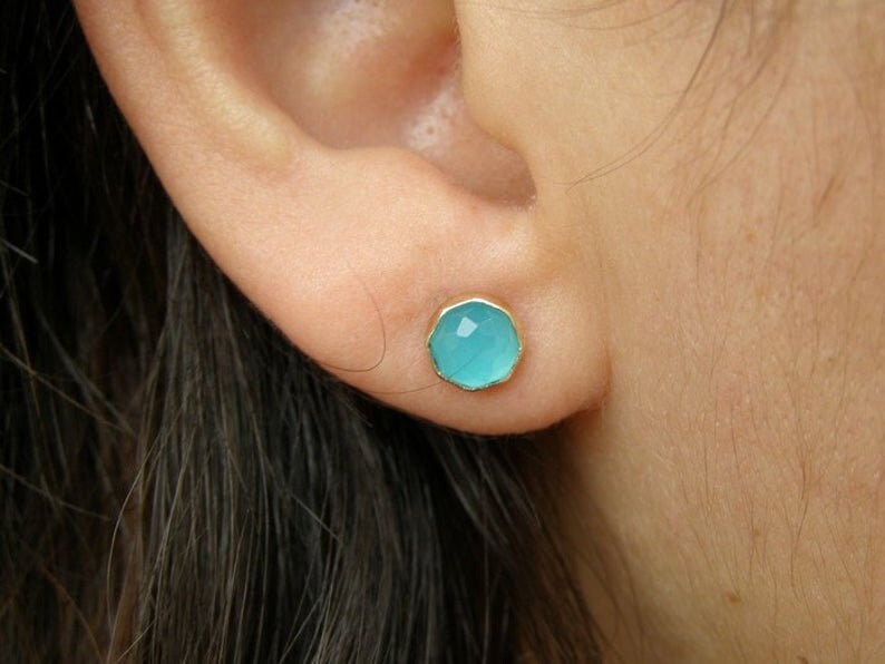 Turquoise 14k gold Stud earrings ,Turquoise stone 6mm, Minimalist earrings, women jewelry zdjęcie 5