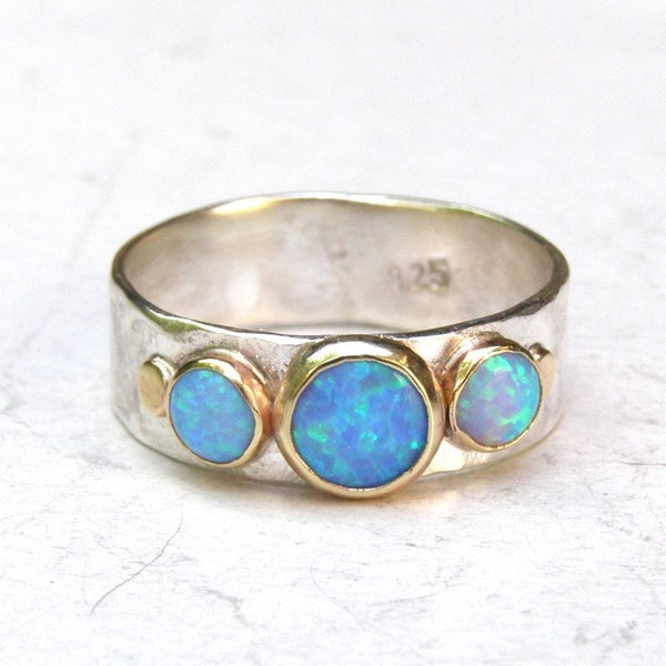Unique Engagement Ring, Blue Opal Ring, Silver Sterling Ring, Wedding Ring, Gemstone Ring, Hammerd silver Ring, Anniversary Ring