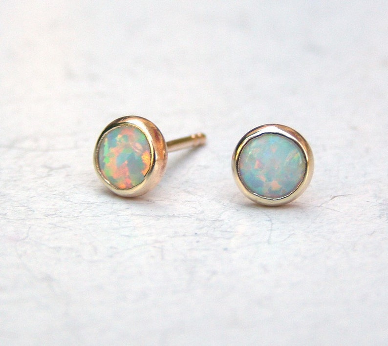 white opal studs 6mm/opal stud earrings 14k image 1