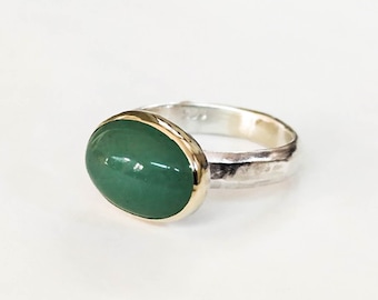 Green Aventine ring, Solitaire ring, Statement silver sterling and gold ring, statement ring, Oval ring ,Birthday gift, Mom gift,