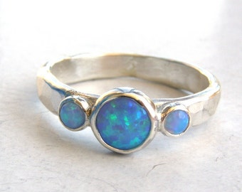 Blue Opal Ring, Stackable silver sterling band multi stone Gemstone Opals ring/ Handmade jewelry for her