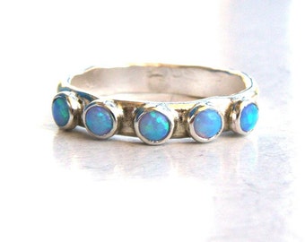 Silver sterling band/ Stackable Blue Opal ring /fine sterling silver handmade jewelry for her