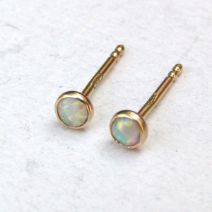 White Opal solid gold stud earrings 3mm solid gold earrings ,handmade earrings 3mm, Birthday gift, gift for her, women's gift image 3