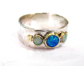 Multi stone gemstone Blue Opal Ring, silver sterling ring with blue opal stone and white opal . made to order