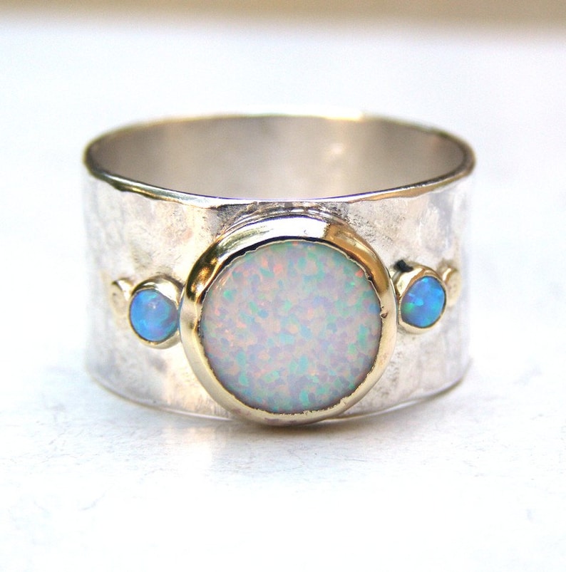 Unique Engagement Rings-Silver sterling band with White Opal Ring - Solitaire Opal Ring - Multi stone gemstone opals ring - Gift for her 