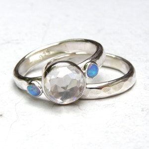 Rose cut Engagement ring ,Opal Wedding Ring Set, Opal Ring, Stacking Rings, Opal Birthstone, Stackable, Birthstone Gift
