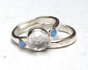 Rose cut Engagement ring ,Opal Wedding Ring Set, Opal Ring, Stacking Rings, Opal Birthstone, Stackable, Birthstone Gift