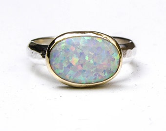 White Opal ring / Silver Sterling band Ring with Solitaire Oval white stone/ Gold and silver ring /Handmade Ring