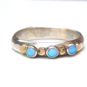 Stackable Blue opal ring, Silver sterling ring with solid gold, Multi stone Gemstone blue opal ring Birthstone October gift for her image 1