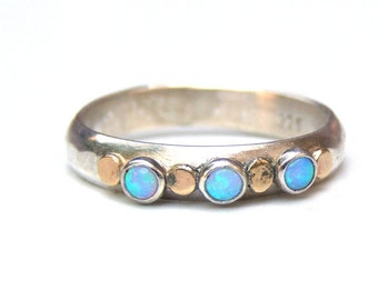 Stackable Blue opal ring, Silver sterling ring with solid gold, Multi stone Gemstone blue opal ring Birthstone October gift for her