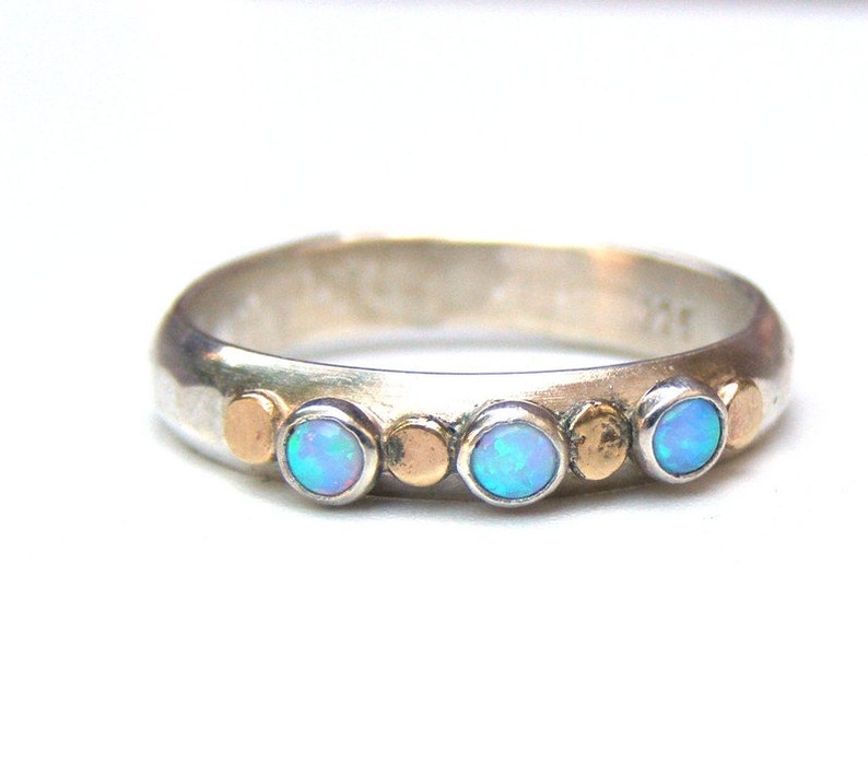 Stackable Blue opal ring, Silver sterling ring with solid gold, Multi stone Gemstone blue opal ring Birthstone October gift for her image 1