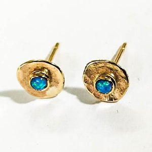 14k solid gold Opal studs 8 mm 3mm Opal stone earrings Blue opal Birthstone image 5