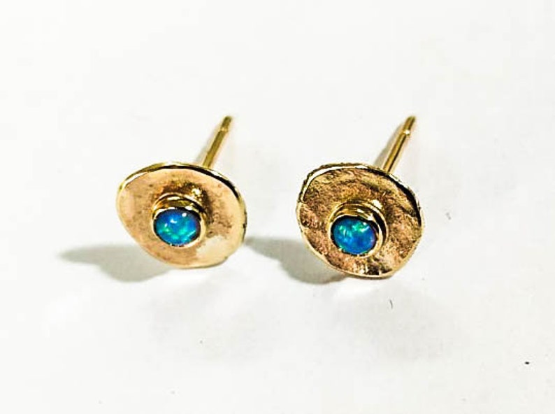 14k solid gold Opal studs 8 mm 3mm Opal stone earrings Blue opal Birthstone image 5