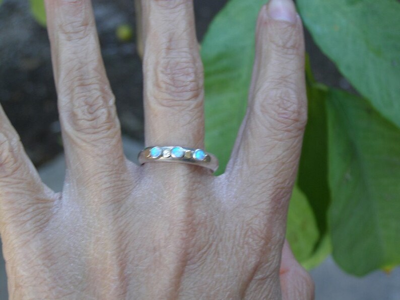 Stackable Blue opal ring, Silver sterling ring with solid gold, Multi stone Gemstone blue opal ring Birthstone October gift for her image 5