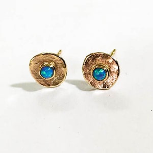 14k solid gold Opal studs 8 mm 3mm Opal stone earrings Blue opal Birthstone image 6