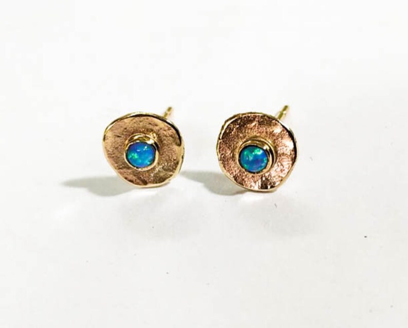 14k solid gold Opal studs 8 mm 3mm Opal stone earrings Blue opal Birthstone image 6