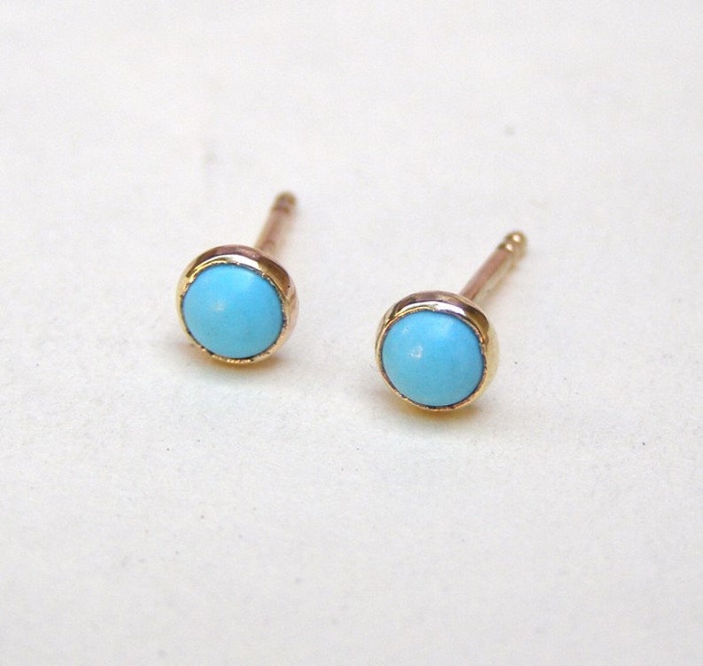 Turquoise Stud earrings, Solid gold 14k earrings 4mm image 2