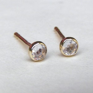 14K Solid gold Stud Earrings 3mm with white topaz stone. image 4