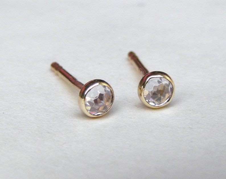 14K Solid gold Stud Earrings 3mm with white topaz stone. image 4