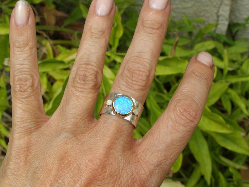 Silver Sterling Band Opal Statement Ring multi stone gemstone ring Ring with solid gold Blue Opal Ring personalized gifts image 6