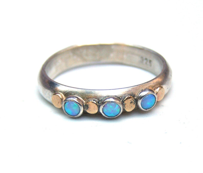 Stackable Blue opal ring, Silver sterling ring with solid gold, Multi stone Gemstone blue opal ring Birthstone October gift for her image 2