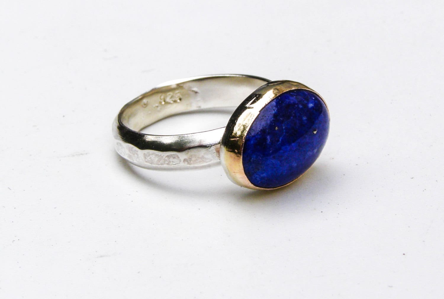Lapis Lazuli Handmade Statement Ring, Solid gold and silver sterling bands Promise ring for her