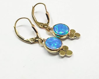 Opal hanging earrings, 14k solid gold  earrings, blue Opal chandelier earrings, Opal earrings, gift for her, Valentine's Day Gift