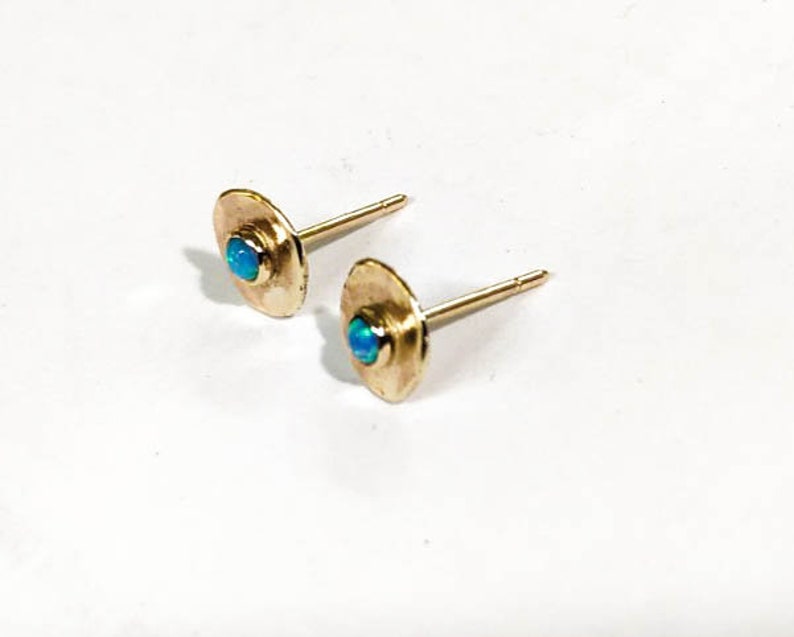 14k solid gold Opal studs 8 mm 3mm Opal stone earrings Blue opal Birthstone image 8
