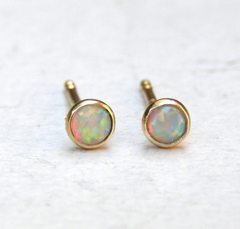 White Opal solid gold stud earrings 3mm solid gold earrings ,handmade earrings 3mm, Birthday gift, gift for her, women's gift image 4