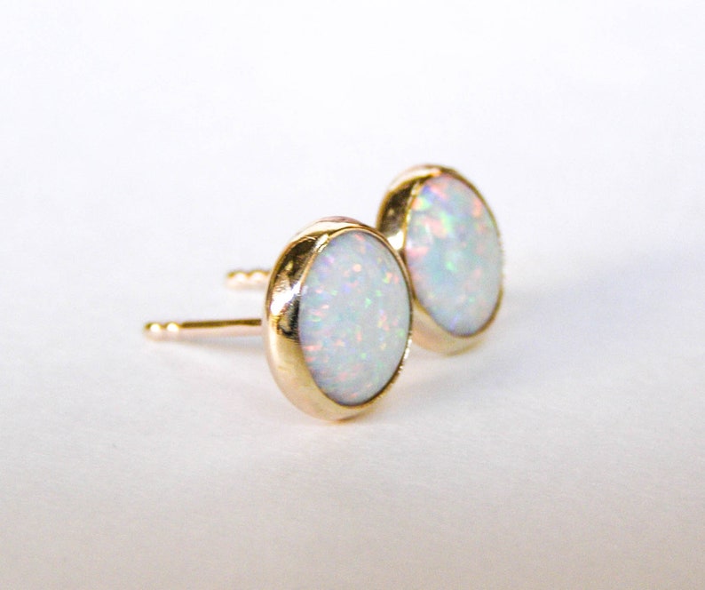 Opal stud Earrings 14k solid gold Studs 8mm Gift for her, October Birthstone image 5